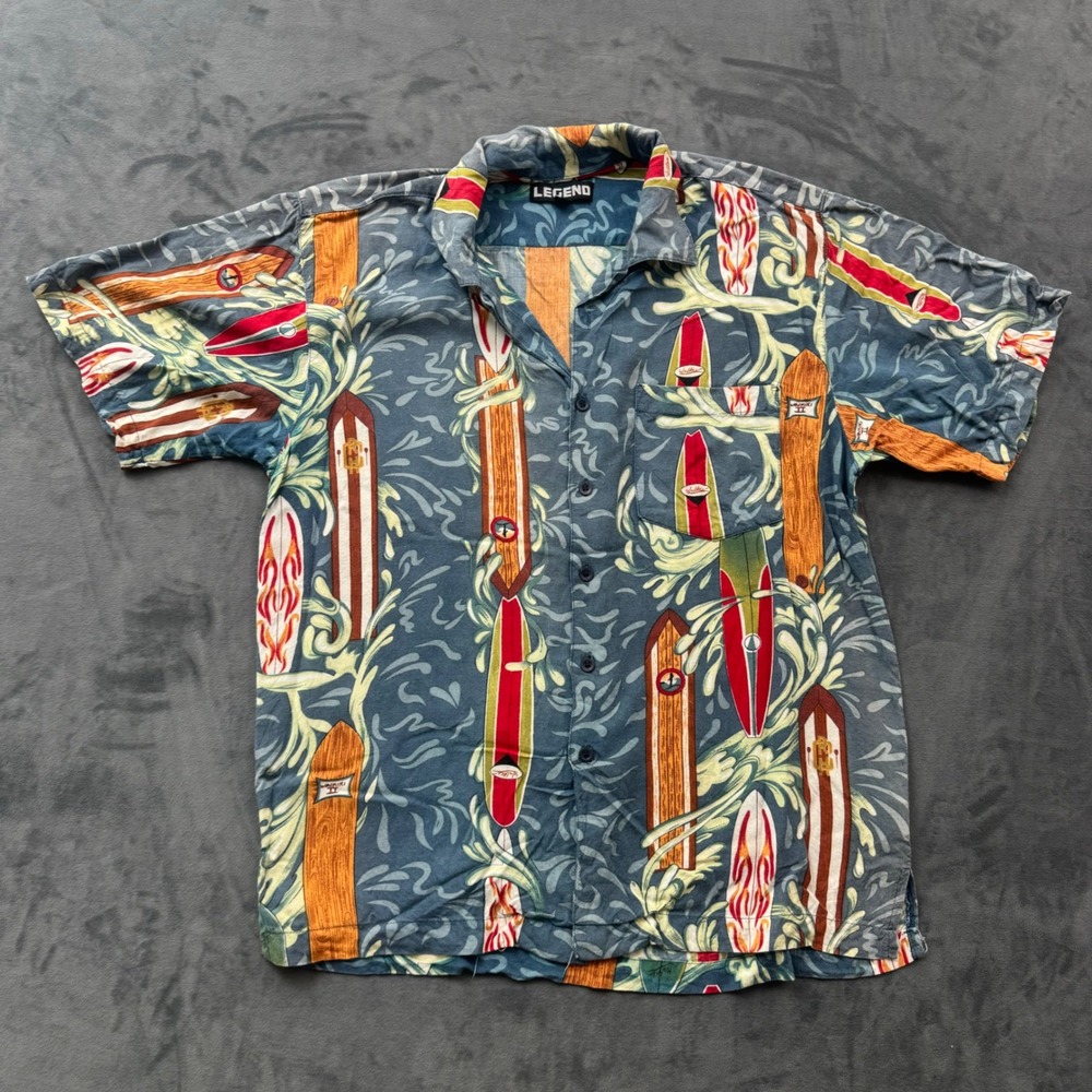 Legend Mens Blue Surfboard Print Short Sleeve Button Up Shirt Size M